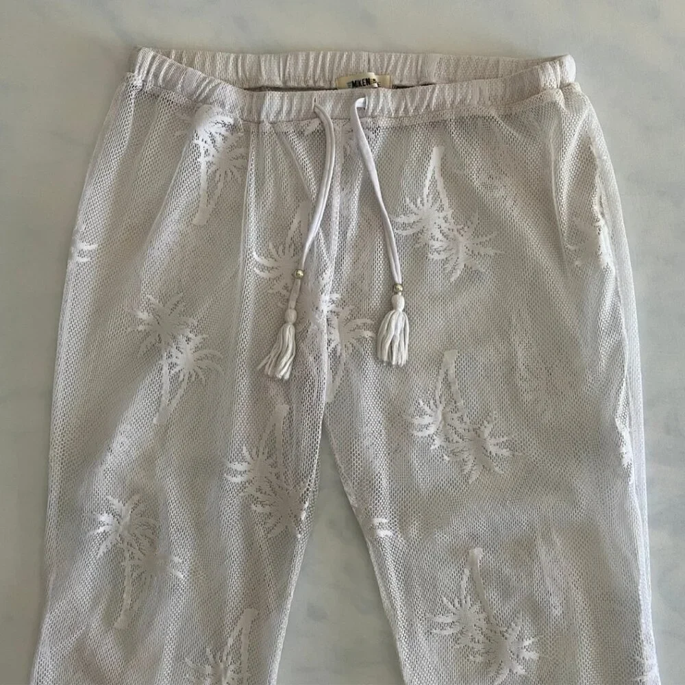 Miken Swim White Mesh Palm Tree Drawstring Coverup Pants - Picture 4 of 6